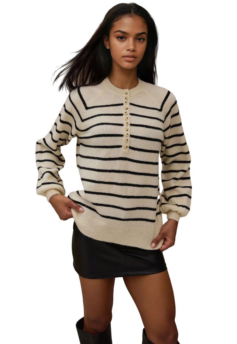 HiCCUP Pulover dama cu guler cu nasturi - model cu dungi - tricot - Negru -