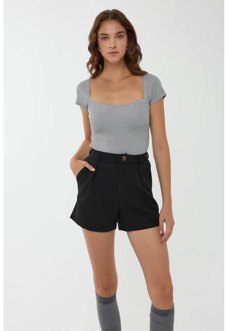 HiCCUP Pulover dama - cu guler patrat - slim fit - gri - tricot
