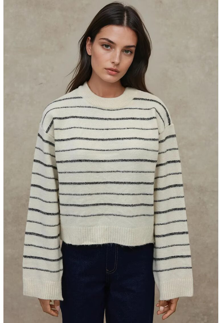 HiCCUP Pulover dama cu guler rotund - dungi - alb negru - tricot