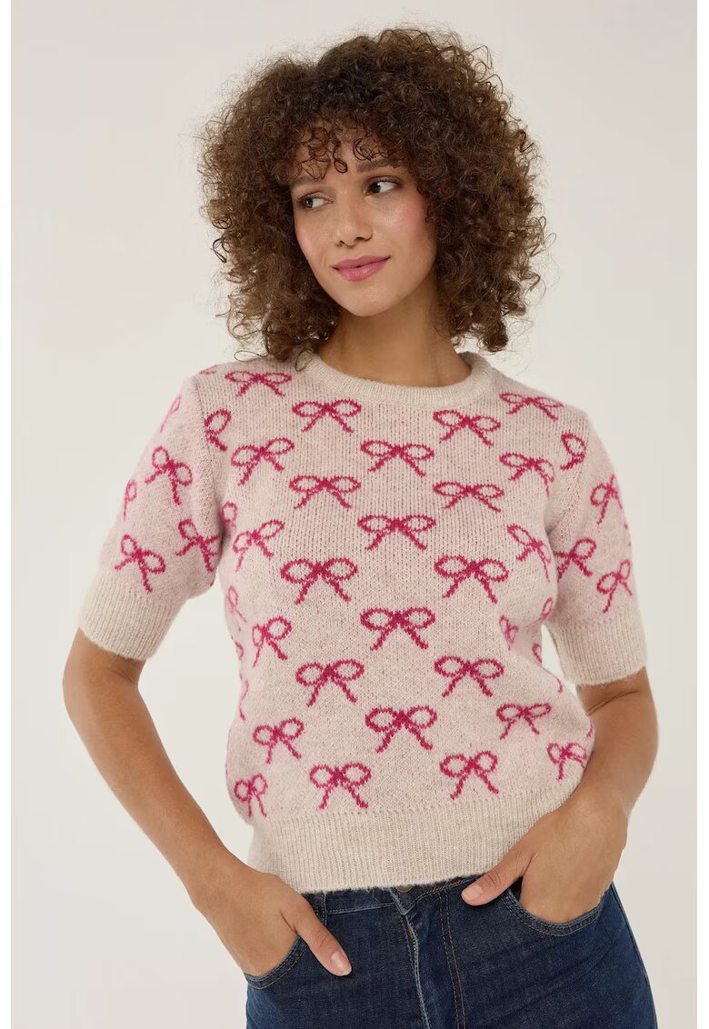 HiCCUP Pulover dama - cu maneca scurta - model cu funde - roz - acril
