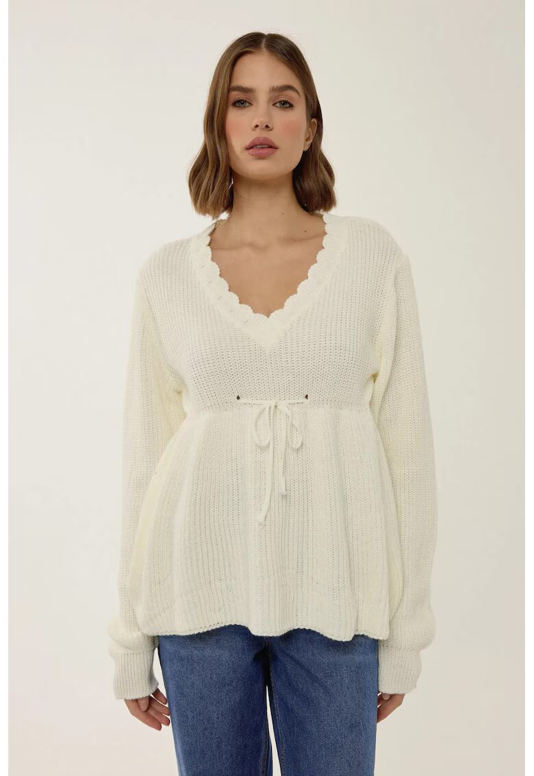 HiCCUP Pulover dama decolteu in V - detalii elegante - natural - tricot