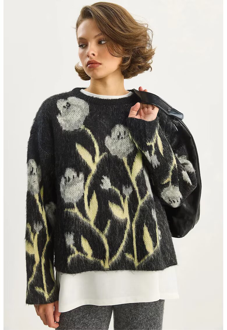 HiCCUP Pulover dama - Floral - Tricot - Negru -
