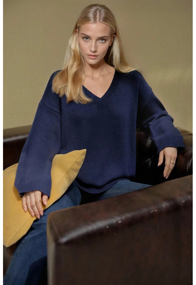 HiCCUP Pulover dama - gros - decolteu in V - albastru - tricot