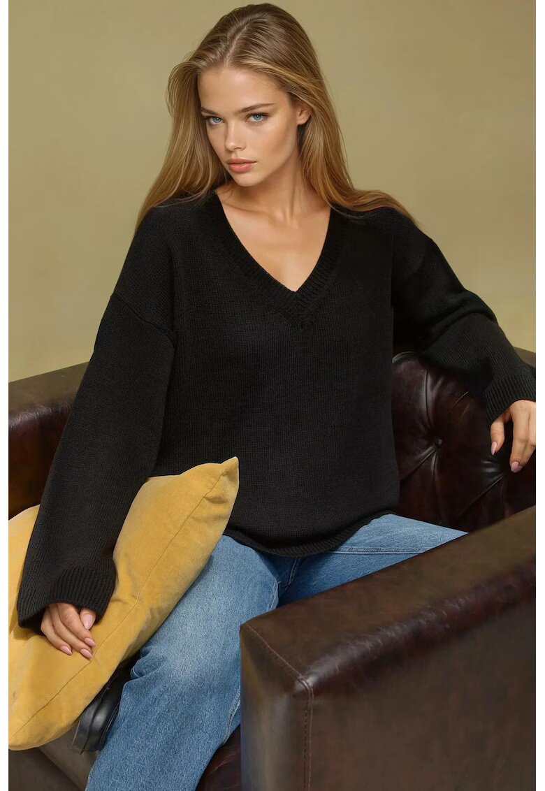HiCCUP Pulover dama - gros - decolteu in V - negru - tricot
