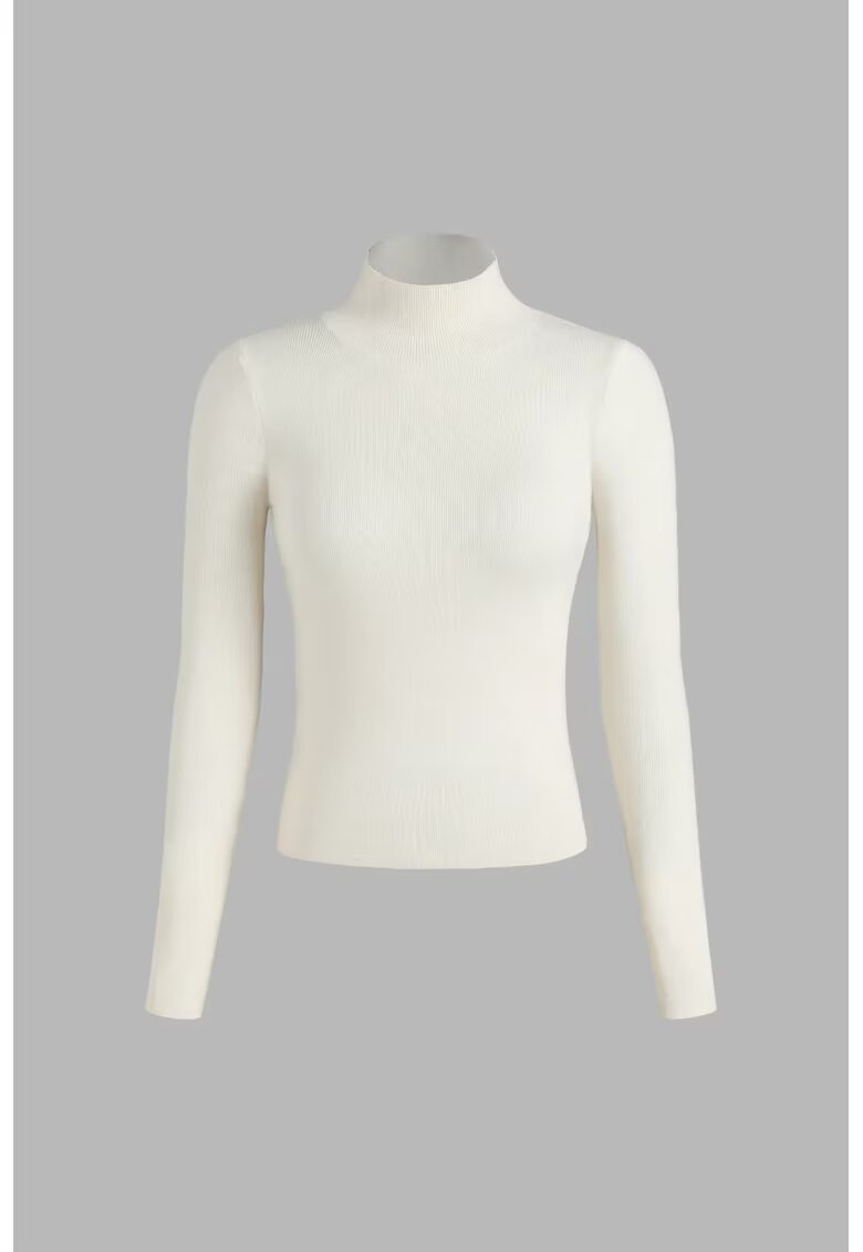 HiCCUP Pulover dama - guler inalt - slim fit - alb - tricot