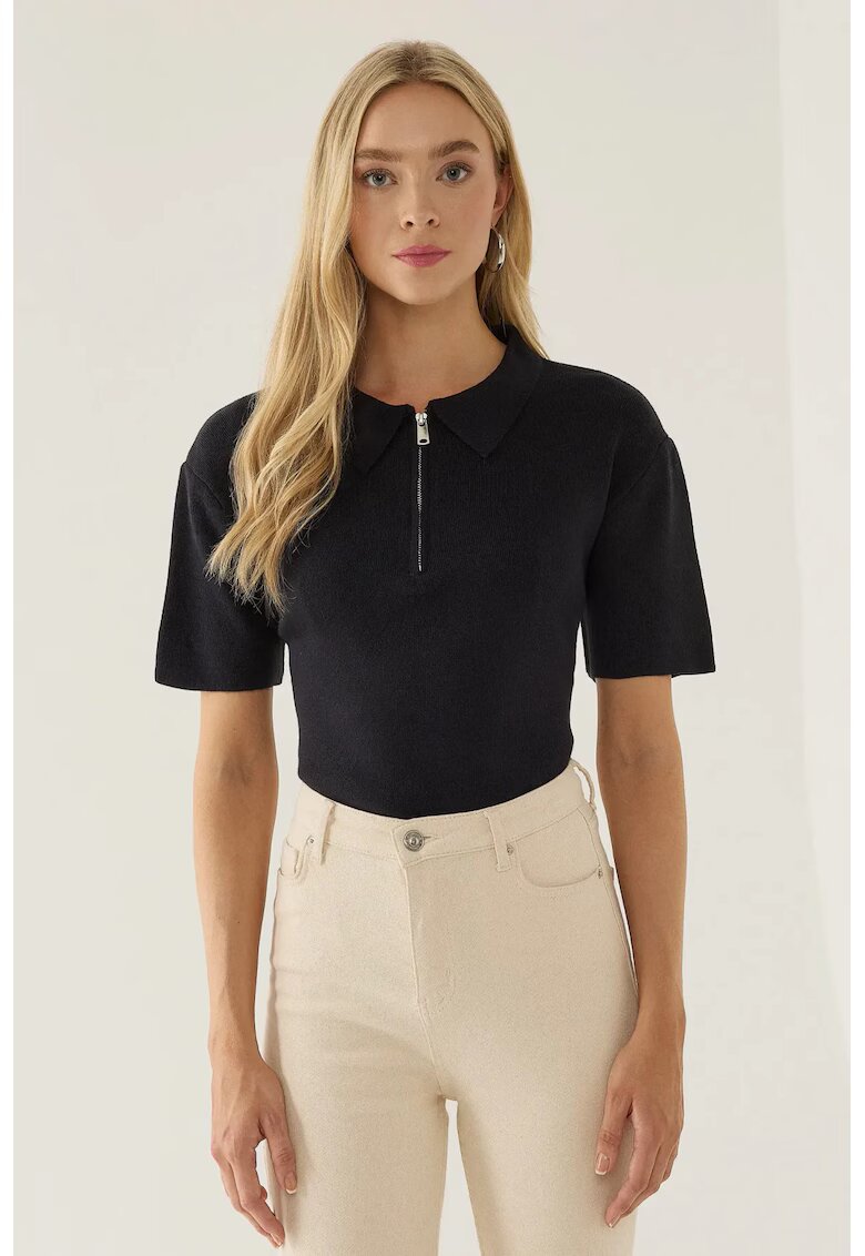 HiCCUP Pulover dama guler polo - fermoar - albastru - acril