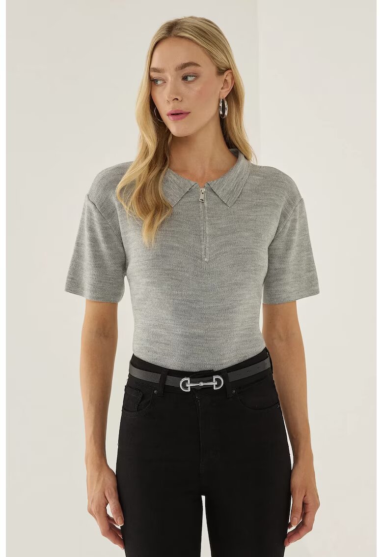 HiCCUP Pulover dama guler polo - fermoar - gri - acril
