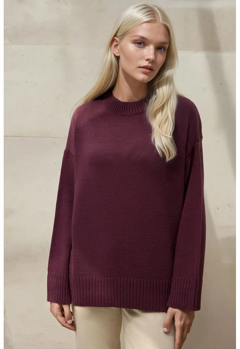 HiCCUP Pulover dama - guler rotund - confortabil - mov inchis - tricot