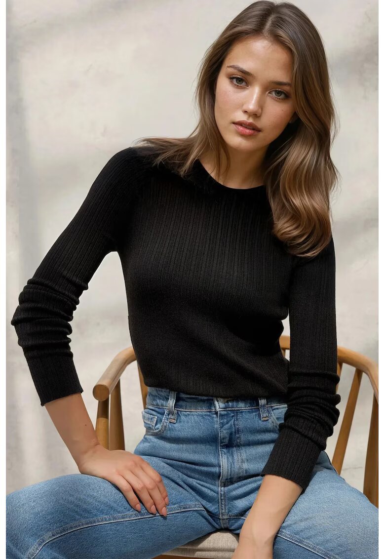 HiCCUP Pulover dama guler rotund - maneca lunga - negru - tricot
