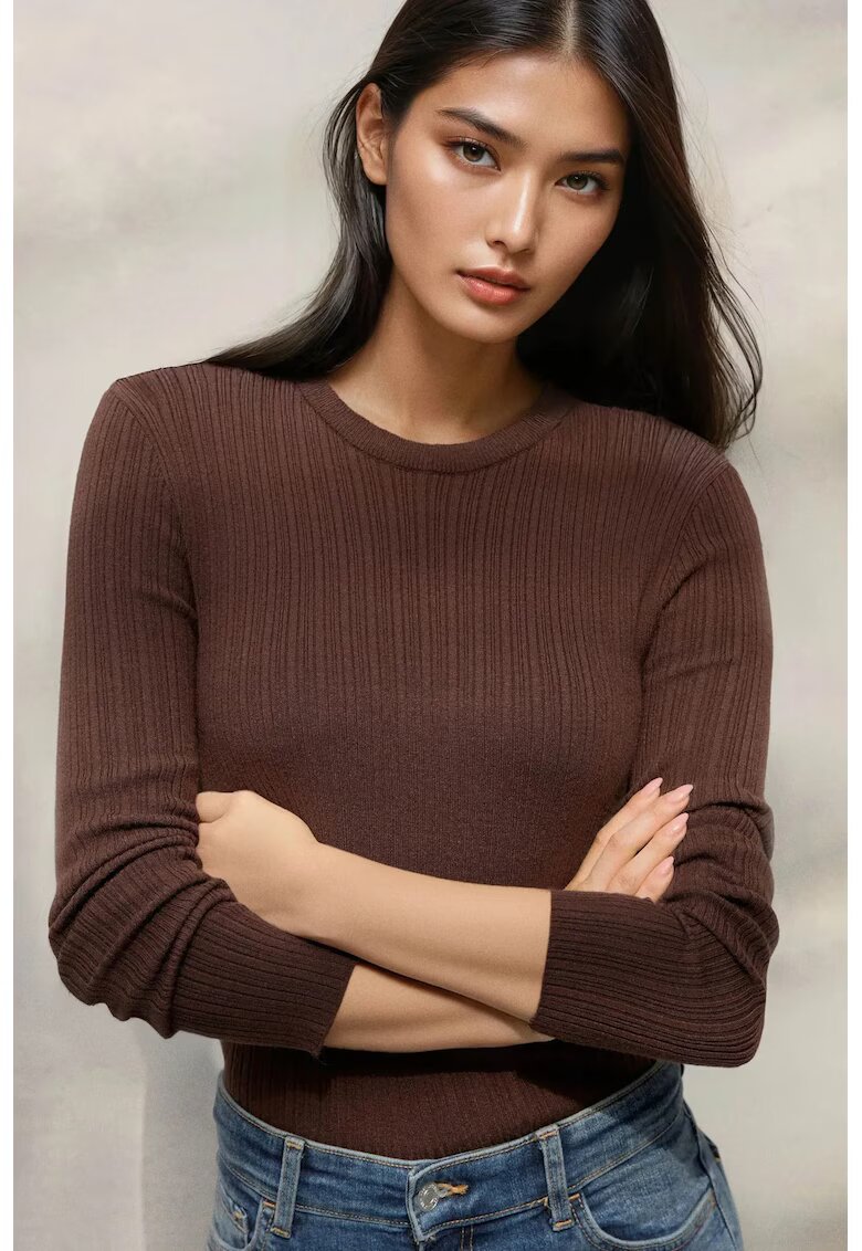 HiCCUP Pulover dama - guler rotund - maro - tricot