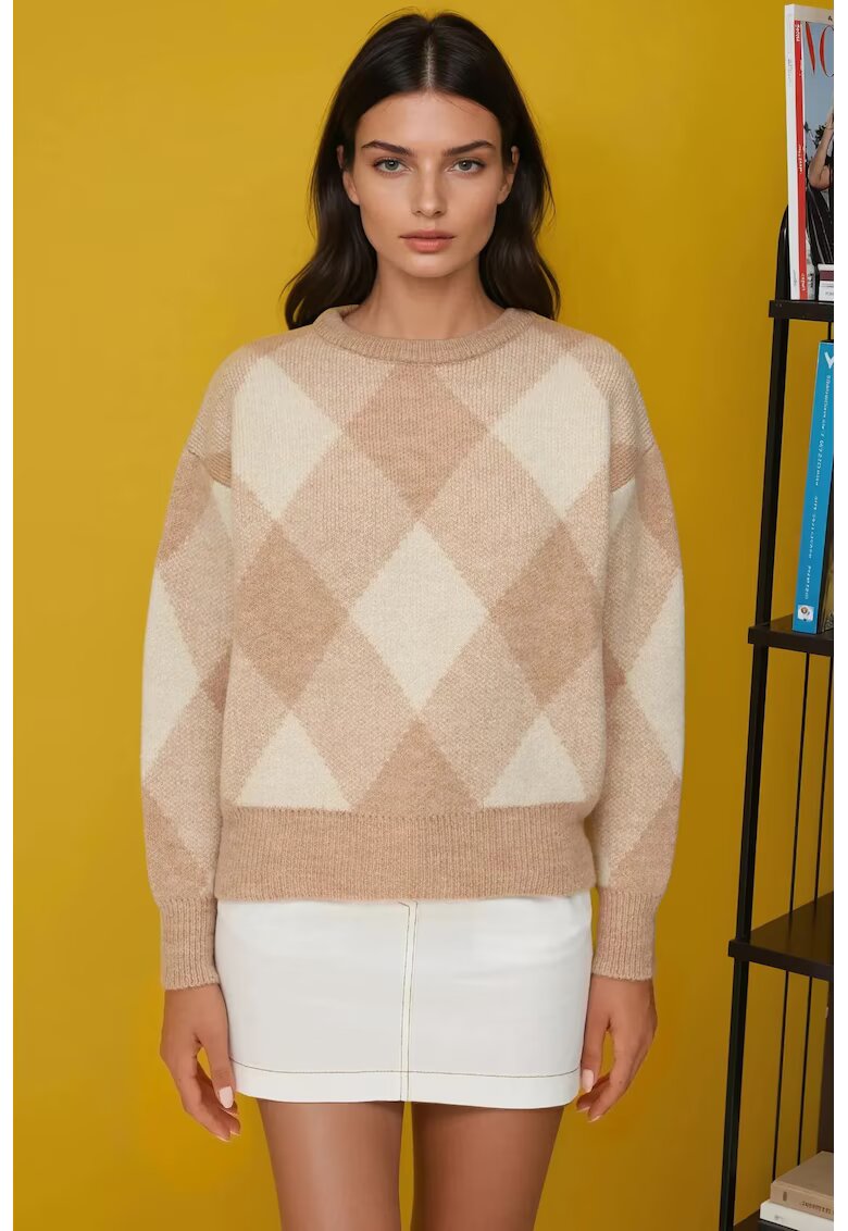HiCCUP Pulover dama guler rotund - model in romburi - tricot - Roz pal -