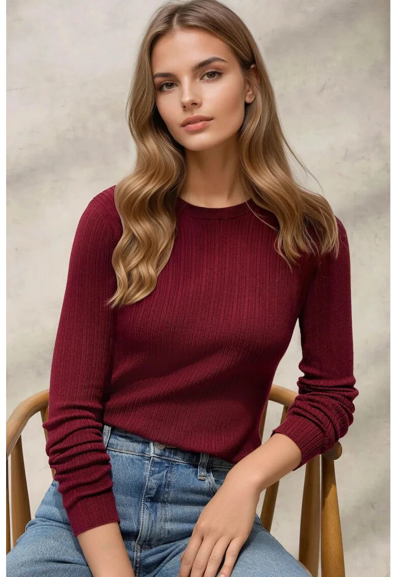 HiCCUP Pulover dama guler rotund - mulat - visiniu - tricot