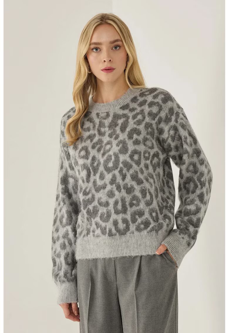 HiCCUP Pulover dama imprimeu leopard - croiala lejera - gri - acril/poliester