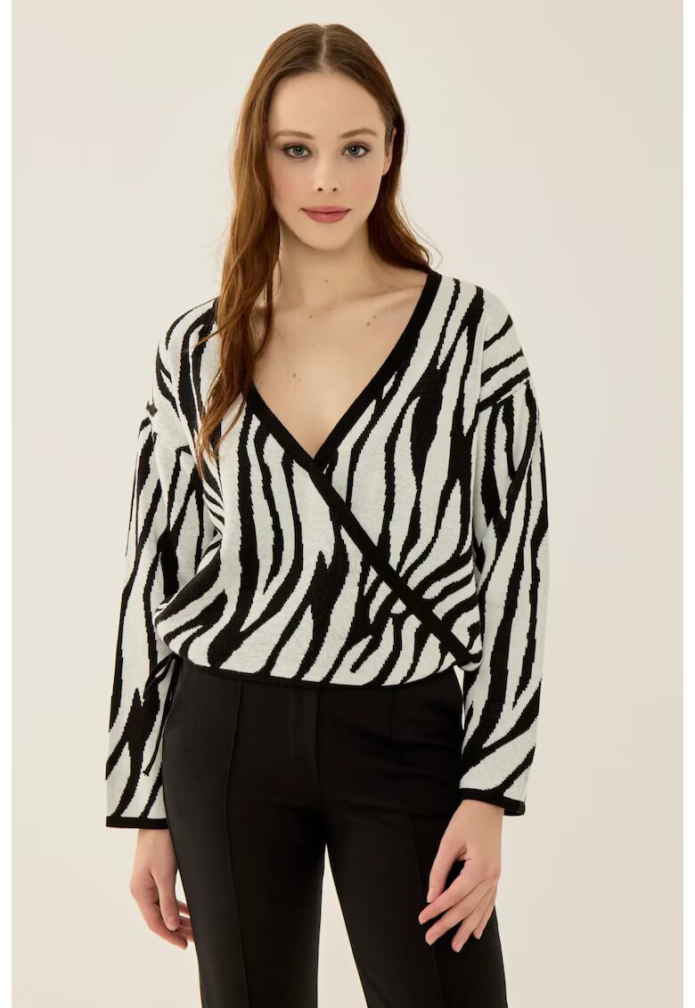 HiCCUP Pulover dama - imprimeu zebra - decolteu in V - alb/negru - acril