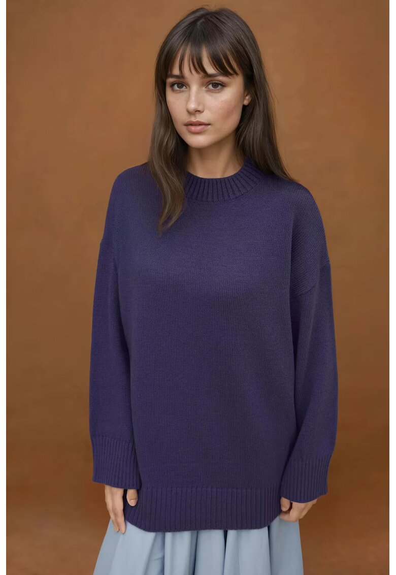 HiCCUP Pulover dama - lung tricotat din material gros - guler rotund - albastru lavanda - tricot