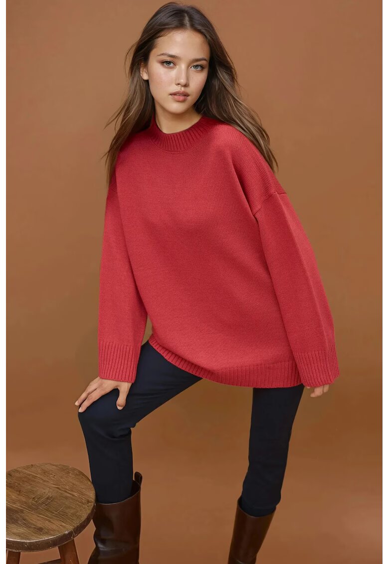 HiCCUP Pulover dama - lung tricotat gros - guler rotund - rosu - tricot