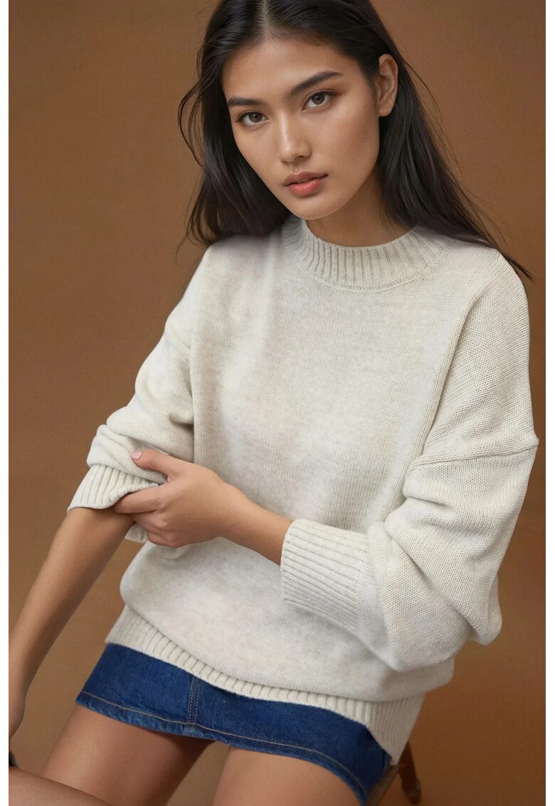 HiCCUP Pulover dama - lung tricotat - guler rotund - alb natural - tricot