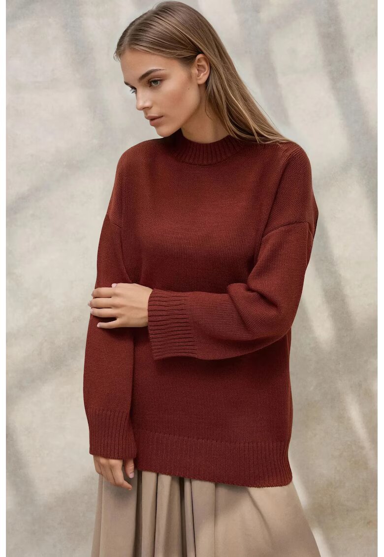 HiCCUP Pulover dama - pulover lung tricotat gros - maro roscat - tricot