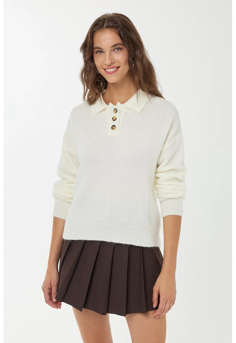HiCCUP Pulover dama - pulover tricotat cu guler cu nasturi - alb - tricot