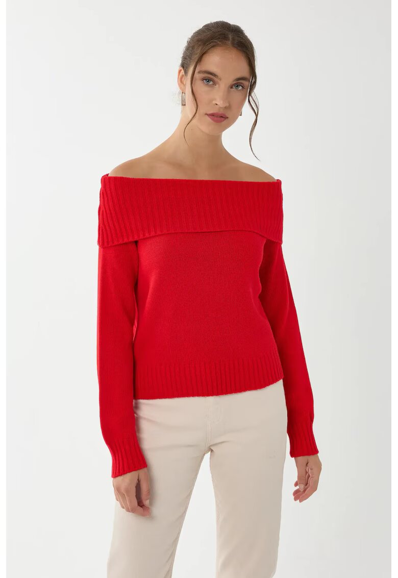 HiCCUP Pulover dama - pulover tricotat - umeri goi - rosu - tricot