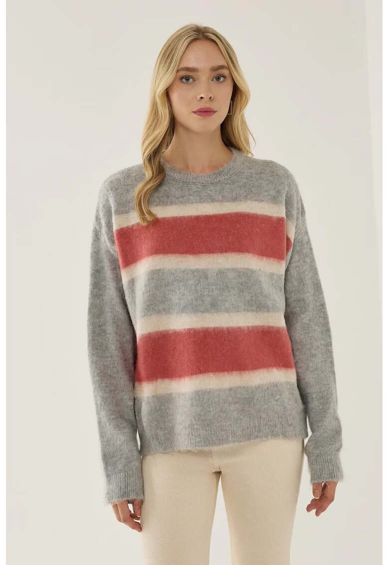 HiCCUP Pulover dama - Relaxed Fit - dungi colorate - gri - acril