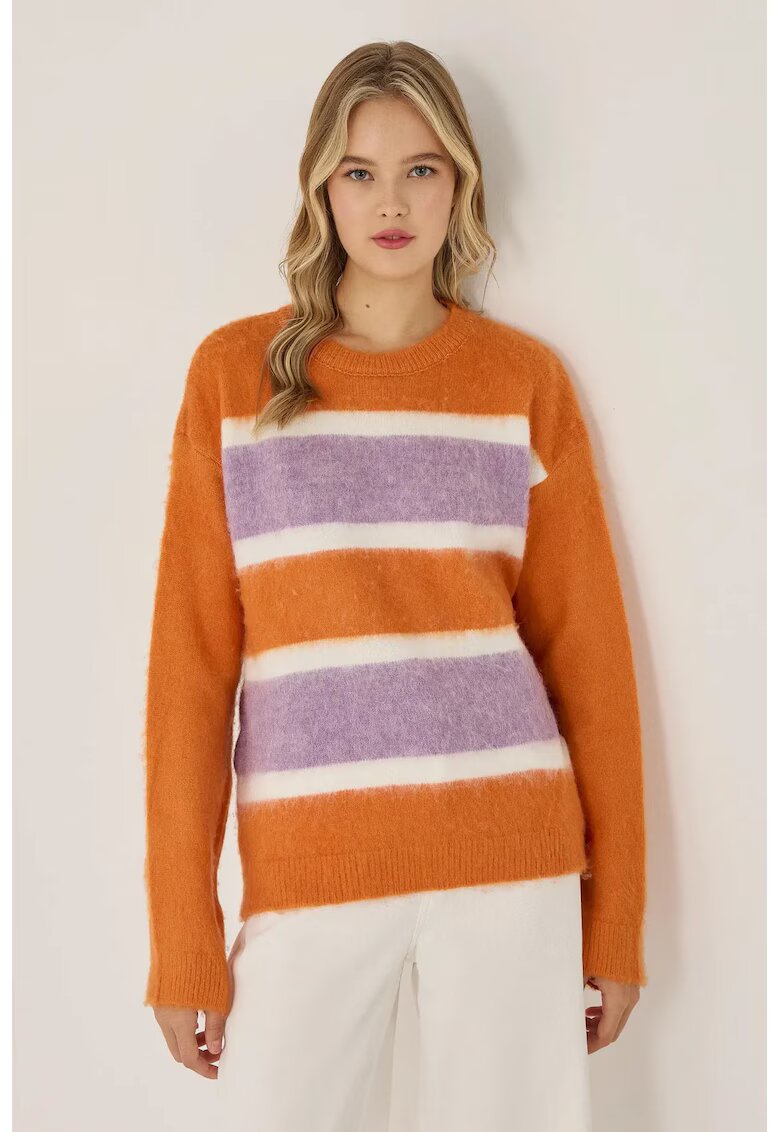 HiCCUP Pulover dama Relaxed Fit - dungi colorate - roz-portocaliu - acril