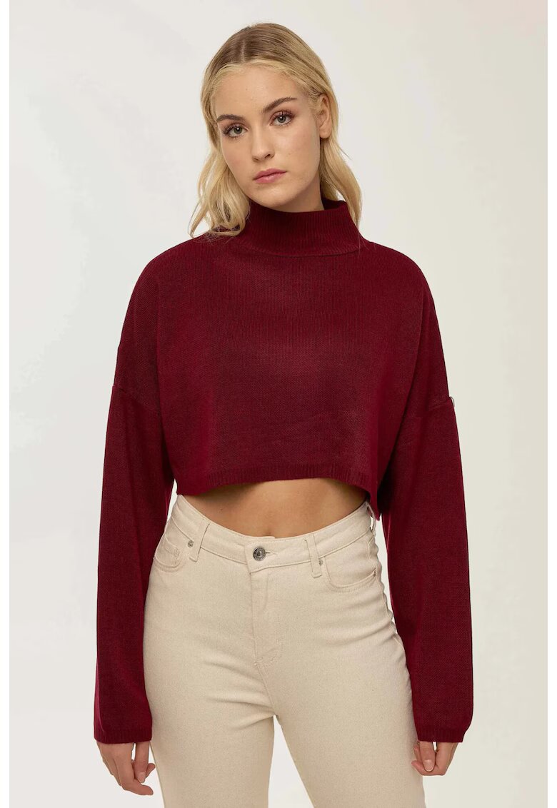 HiCCUP Pulover dama - scurt cu guler inalt - dungi - rosu - tricot