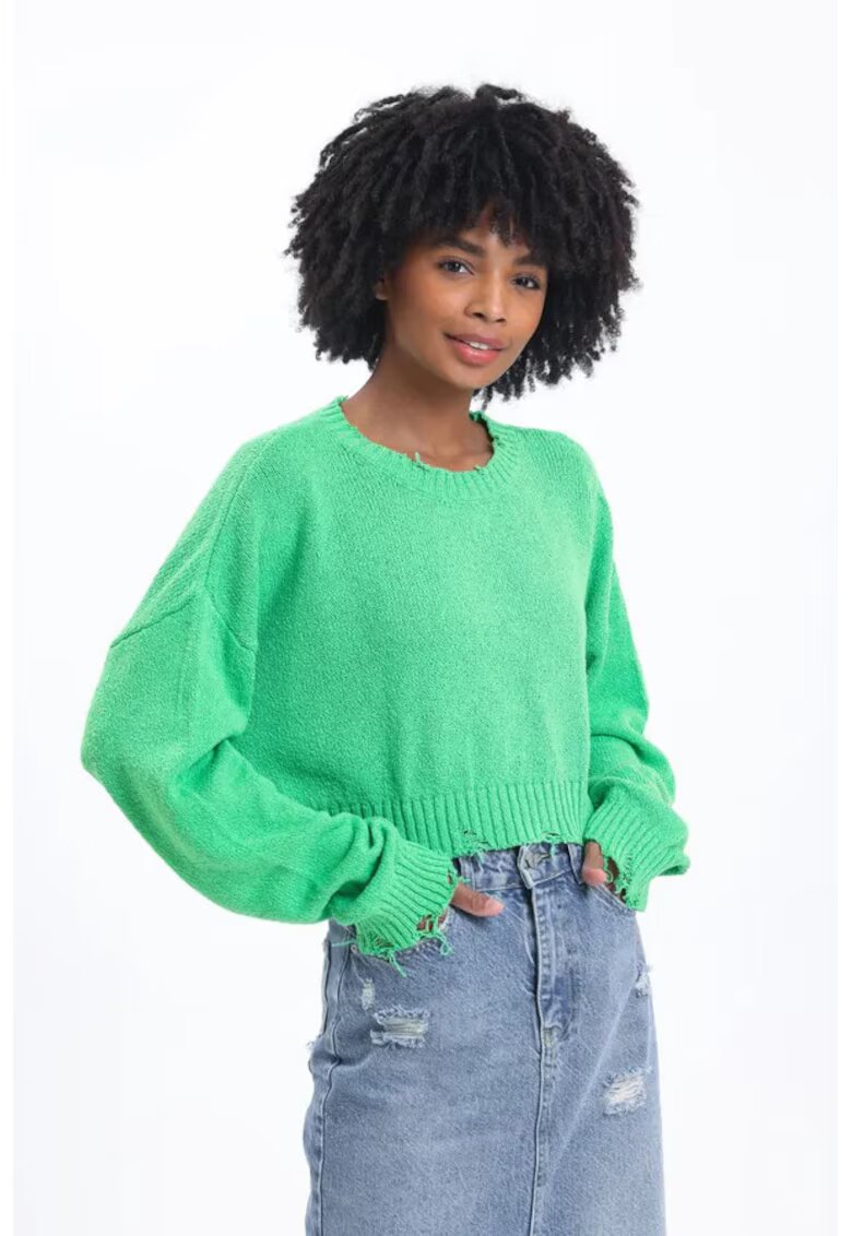 HiCCUP Pulover dama scurt - cu guler rotund - rupt - tricot - Verde lime -
