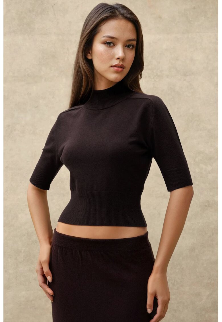 HiCCUP Pulover dama scurt - guler inalt - texturat - maro inchis - tricot