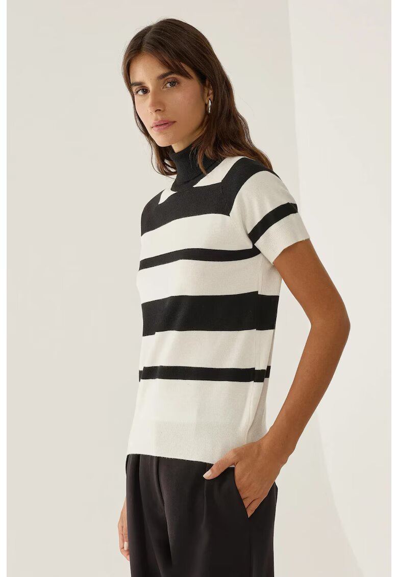 HiCCUP Pulover dama - top tricotat cu guler inalt - dungi - negru - tricot