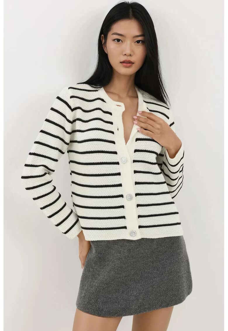 HiCCUP Pulover dama - tricot - model cu dungi si nasturi - alb/negru