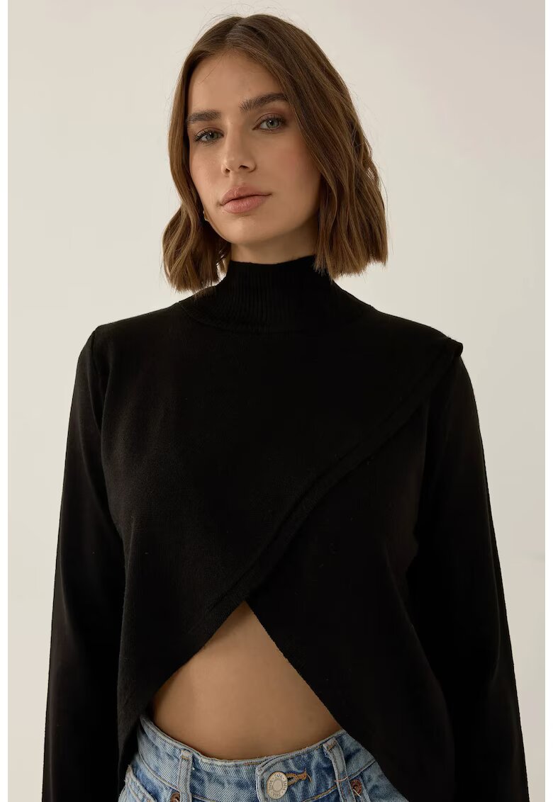 HiCCUP Pulover dama tricotat - asimetric - guler inalt - negru - acril