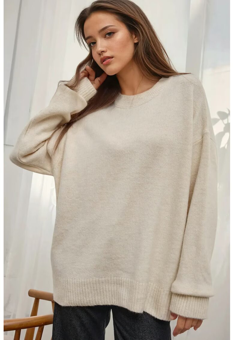 HiCCUP Pulover dama - tricotat confortabil - guler rotund - tricot - Fildes Natural -