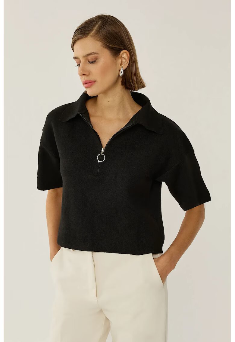 HiCCUP Pulover dama - tricotat cu guler cu fermoar - slim fit - negru - acrilic