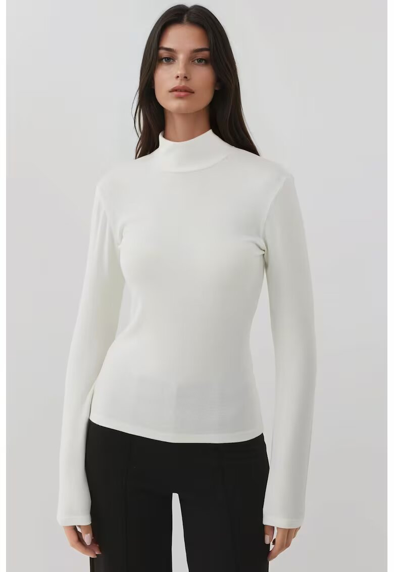 HiCCUP Pulover dama - tricotat cu guler inalt - croiala slim fit - alb - jerseu