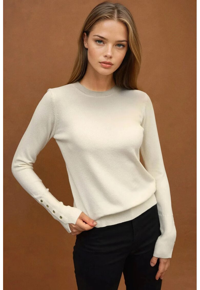 HiCCUP Pulover dama - tricotat cu guler rotund si nasturi - crem - tricot