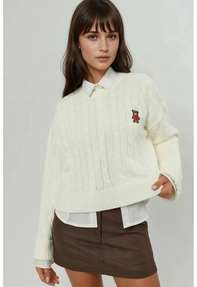 HiCCUP Pulover dama - tricotat cu impletitura si broderie - alb - tricot
