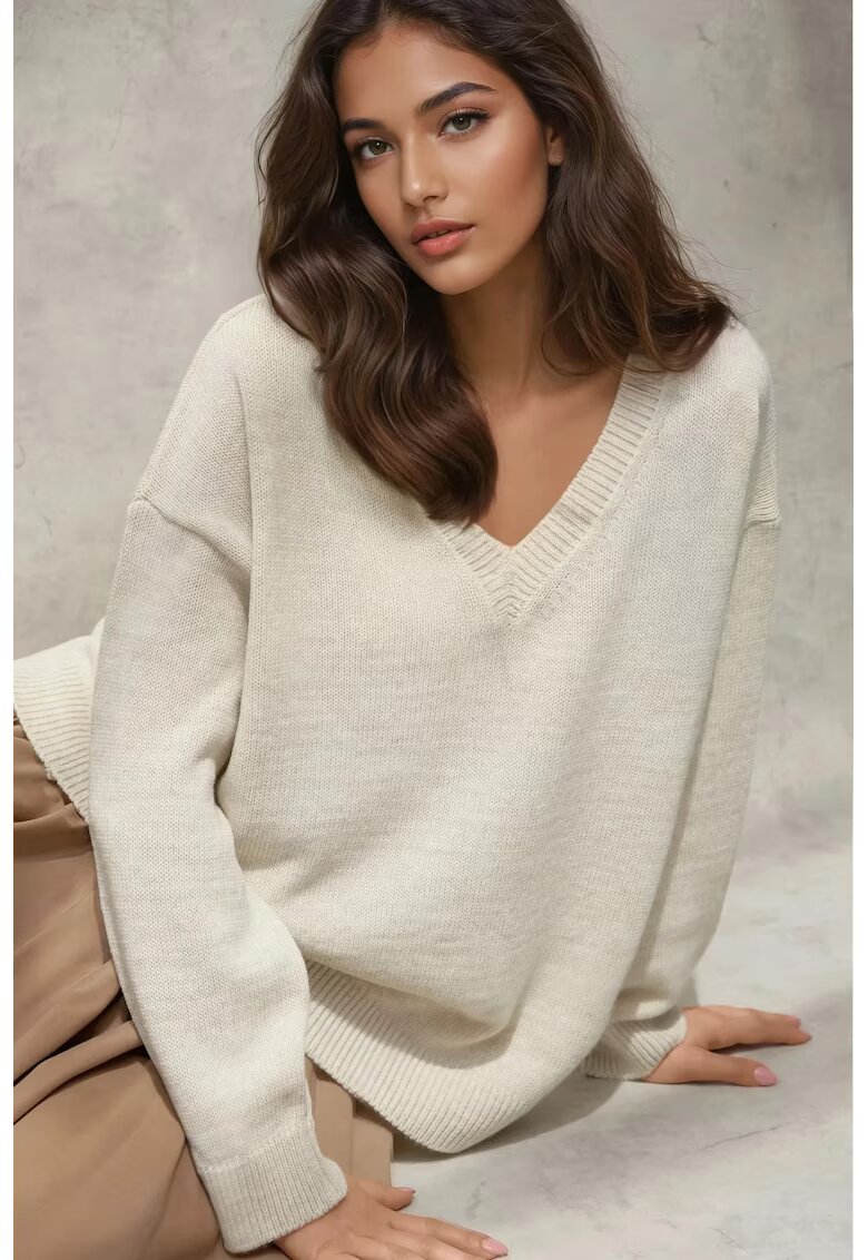 HiCCUP Pulover dama - tricotat gros - decolteu in V - alb natural - tricot