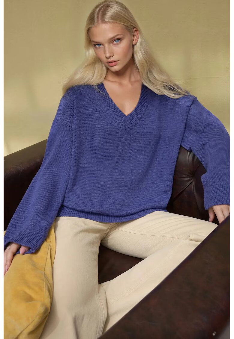 HiCCUP Pulover dama - tricotat gros - decolteu in V - albastru lavanda - tricot