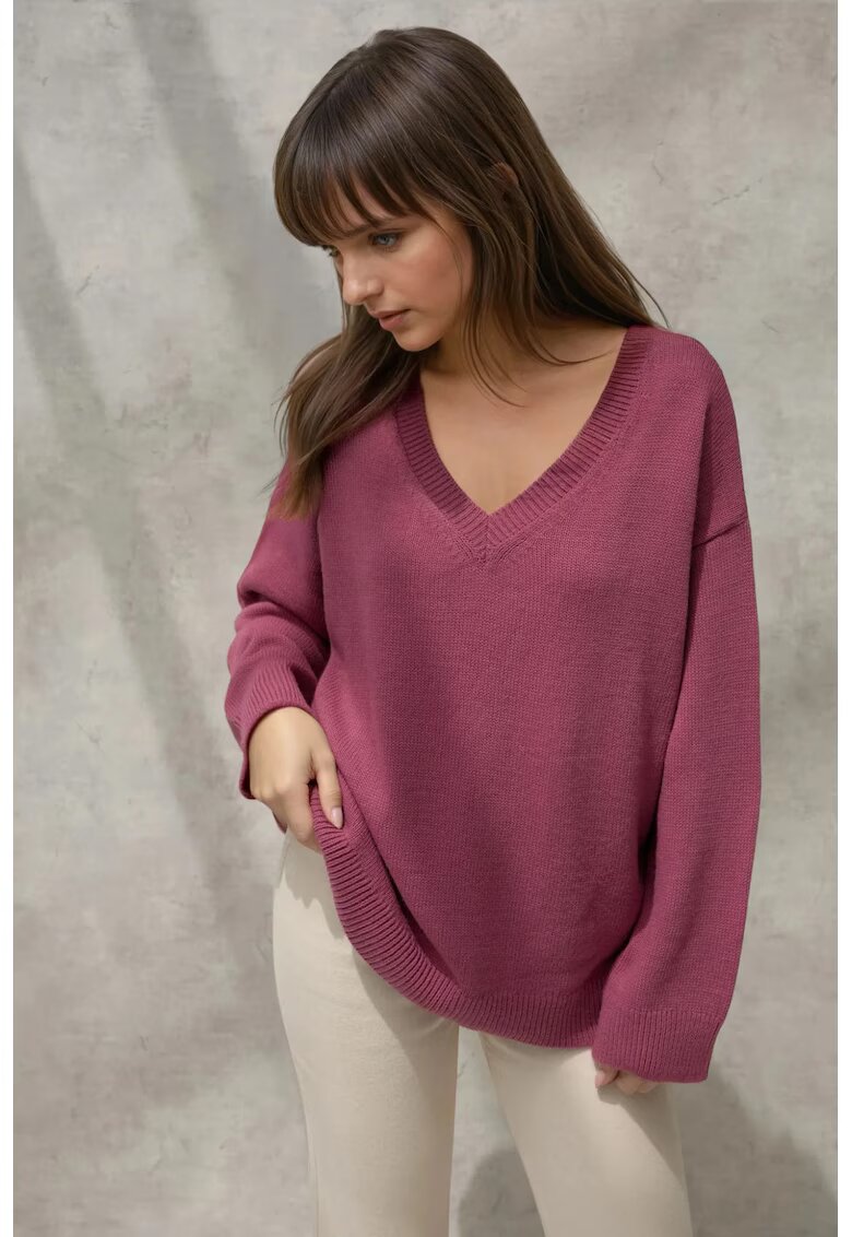 HiCCUP Pulover dama - tricotat gros - decolteu in V - mov - tricot