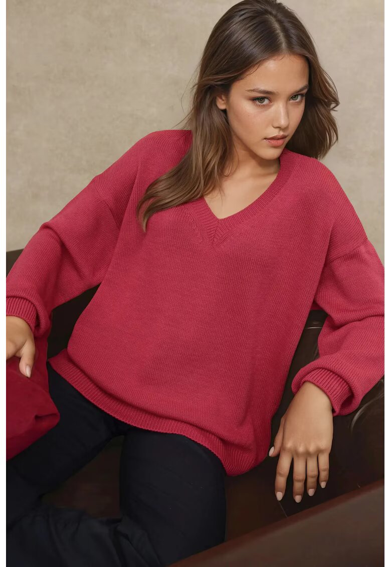 HiCCUP Pulover dama - tricotat gros - decolteu in V - rosu - tricot