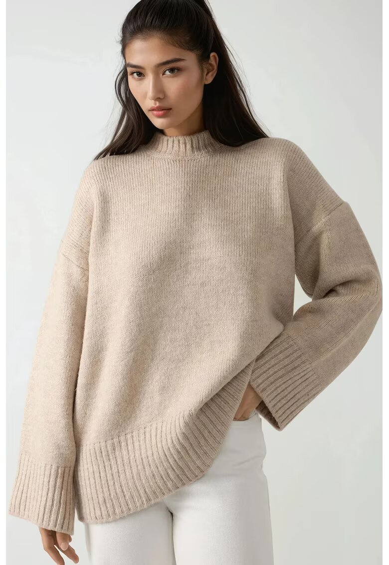 HiCCUP Pulover dama - tricotat gros - guler rotund - tricot - natural -