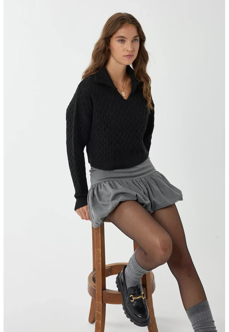 HiCCUP Pulover dama - tricotat texturat cu guler camasa - negru - tricot