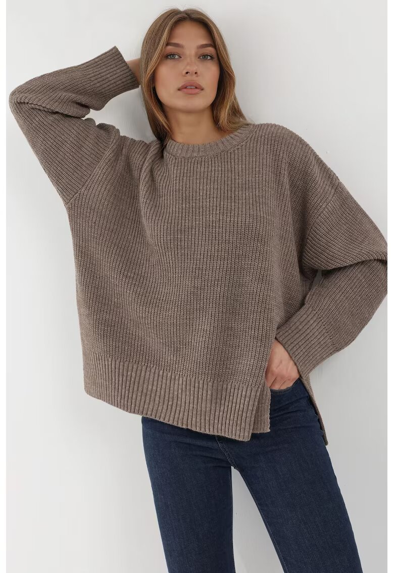HiCCUP Pulover dama - tricotat texturat - guler rotund - bej - material acrilic