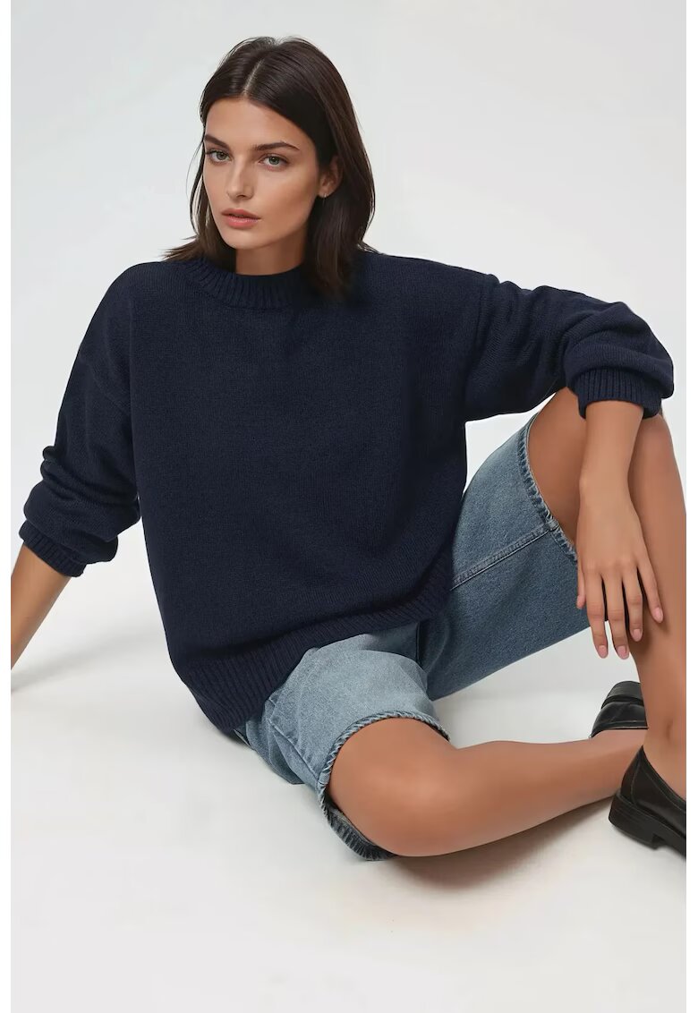 HiCCUP Pulover de dama guler rotund - confortabil - albastru - tricot