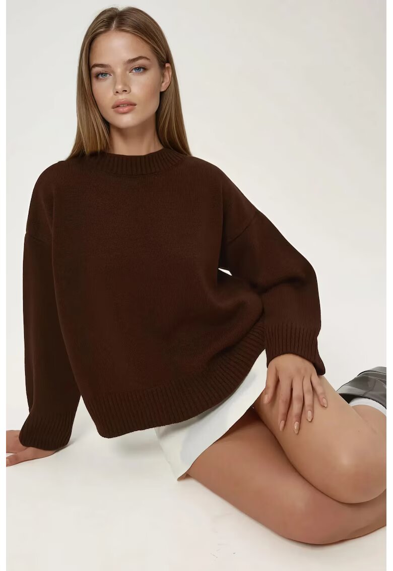 HiCCUP Pulover de dama guler rotund - confortabil - maro - tricot