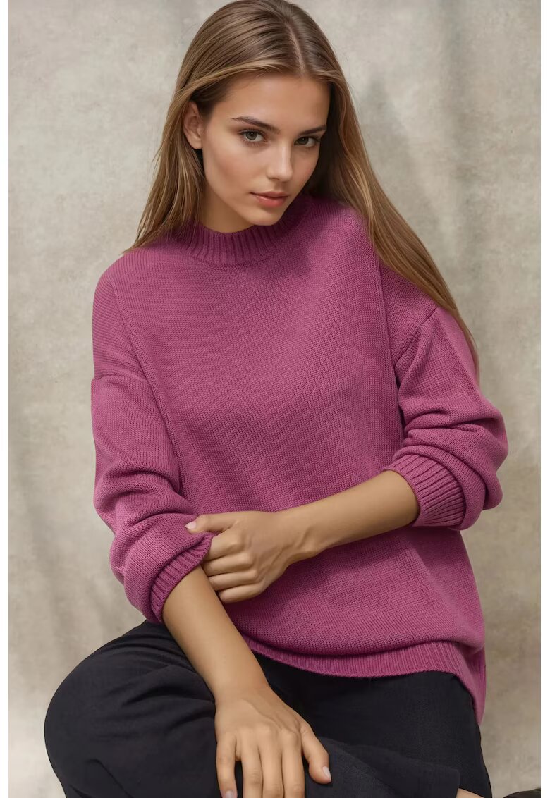 HiCCUP Pulover lung dama - tricotat din material gros - guler rotund - roz prafuit - tricot
