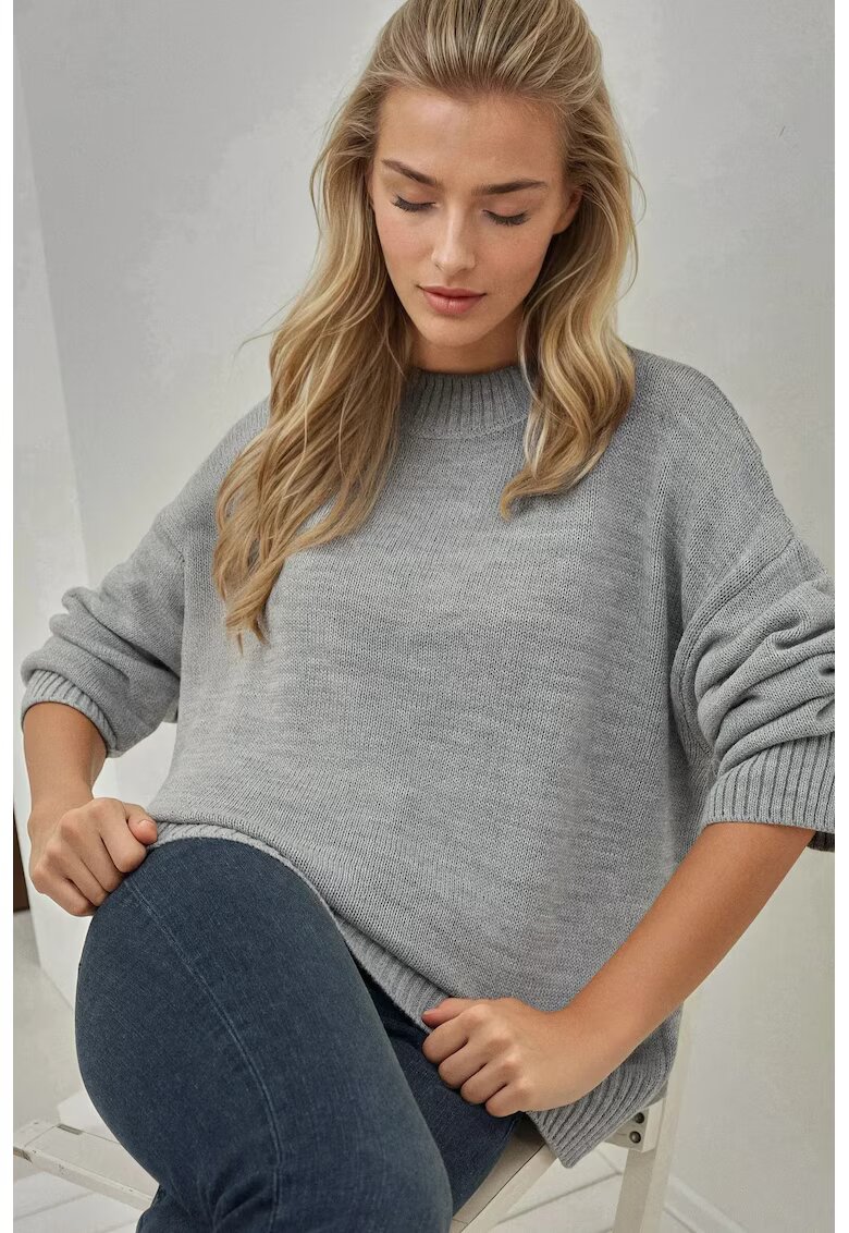 HiCCUP Pulover tricotat dama - lung - guler rotund - gri - tricot