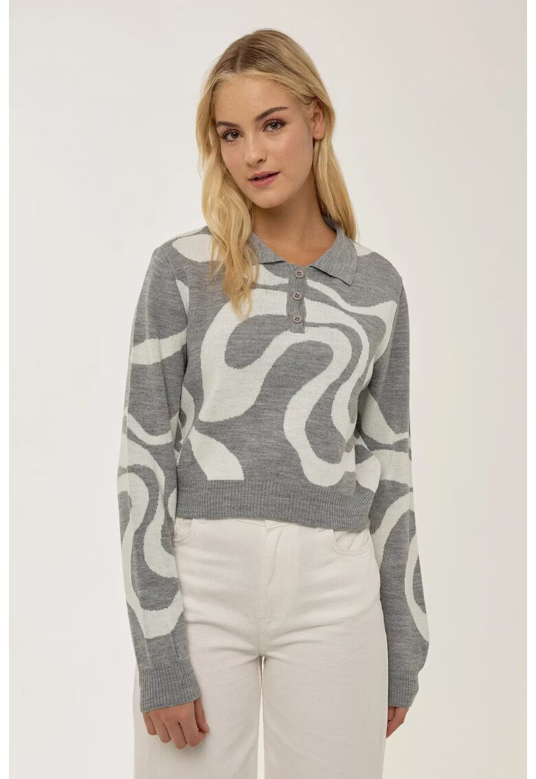 HiCCUP Pulover tricotat jacquard - guler polo - gri - acril