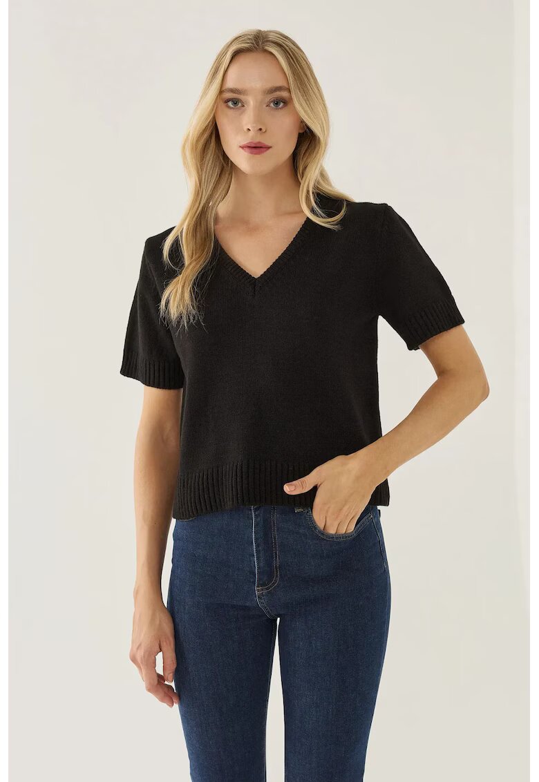 HiCCUP Pulover tricotat - maneca scurta - decolteu in V - negru - acril